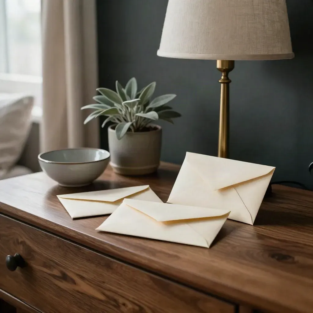 Dresser bilik tidur dengan tiga sampul tunai, mangkuk seramik, lampu meja dan pokok kecil.